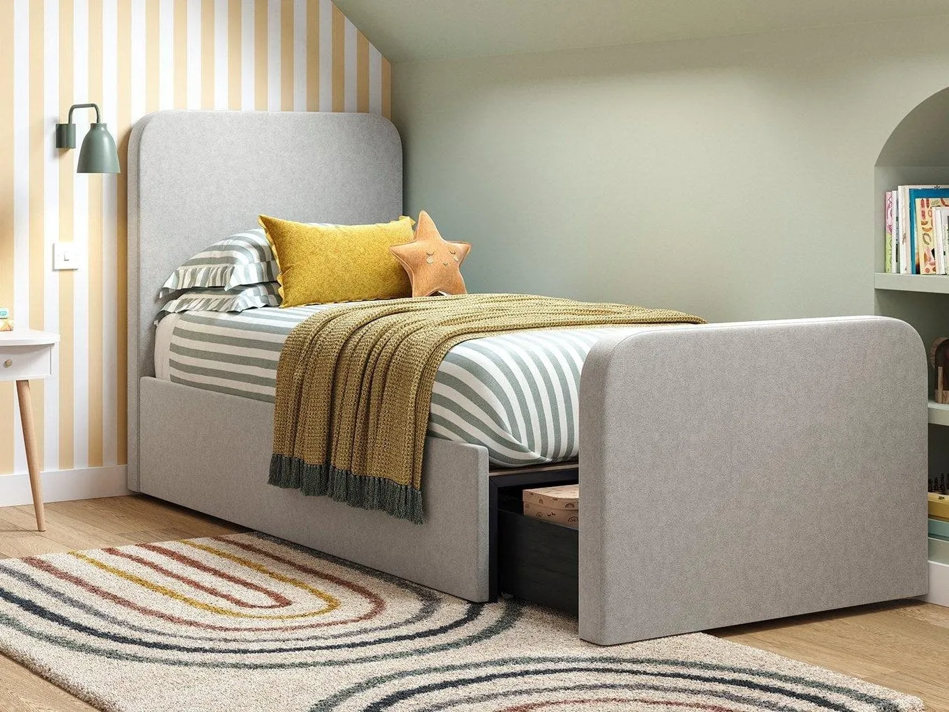 Grey fabric upholstered single bed with pull-out storage