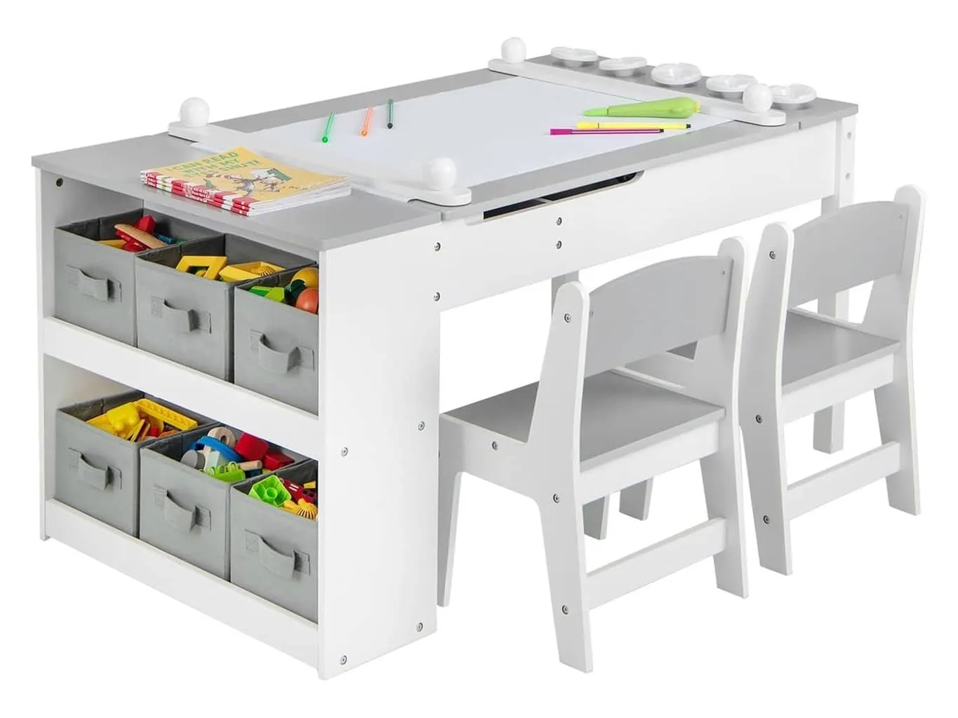Kid's grey/white art table with storage and two chairs