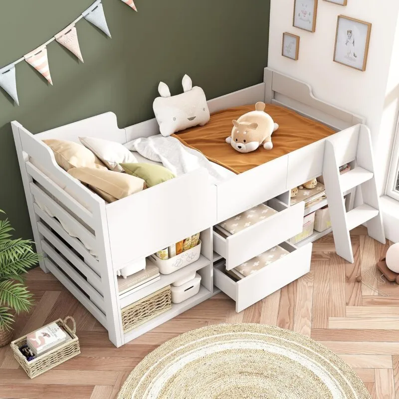 Cabin bed with drawers and shelves