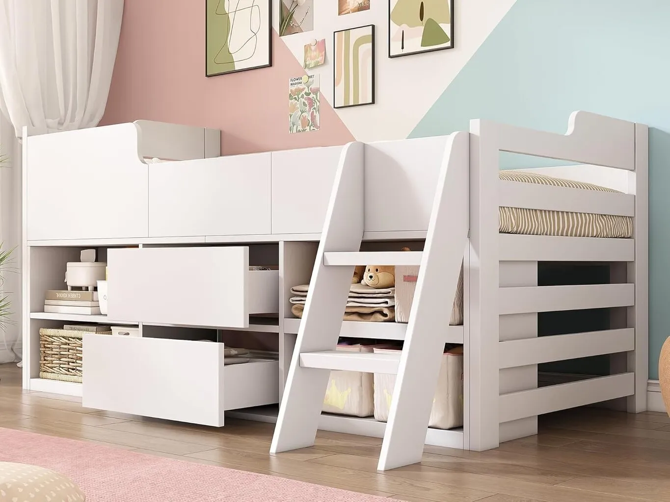 Kid's cabin bed with shelves and drawers
