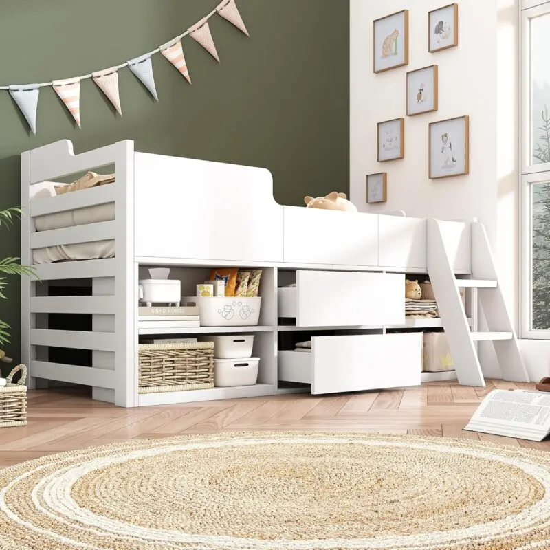 Kid's white cabin bed with storage