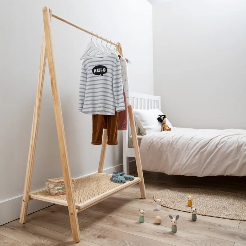 Wooden clothes rail with rattan shelf