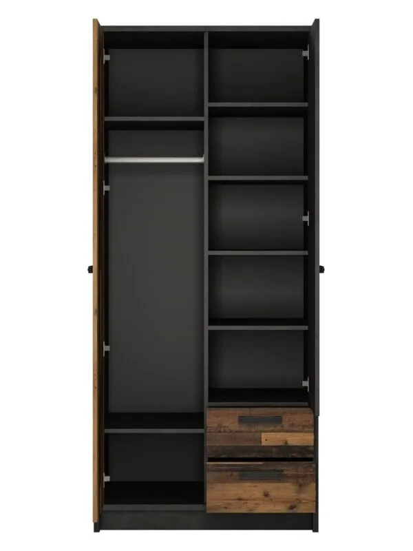 Dark oak industrial style wardrobe with internal shelving and drawers