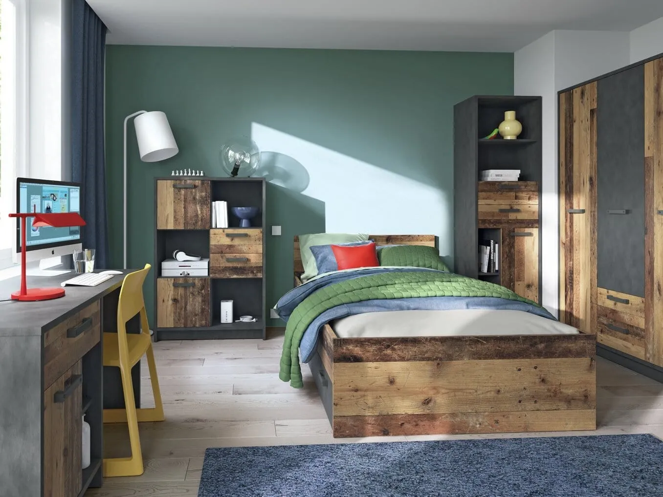 Industrial style bedroom furniture with a black and dark oak finis