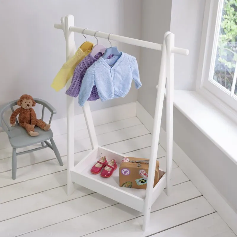 White painted children's clothes rail with storage tray