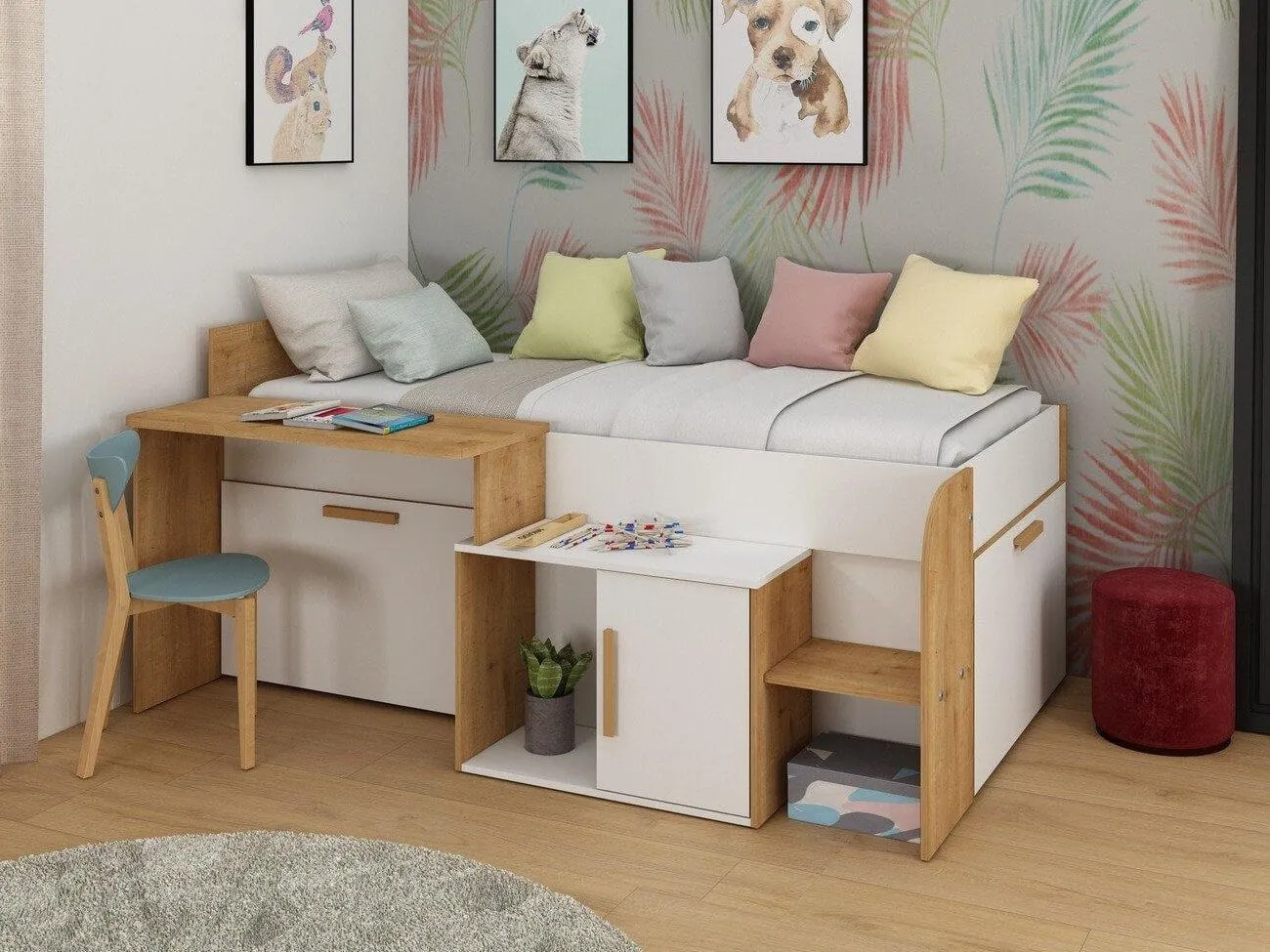 White/oak cabin bed with cupboard and shelving