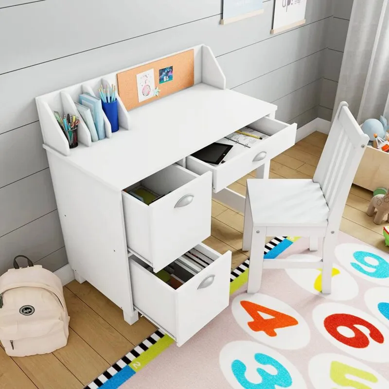 White desk with storage hutch and 3 drawers