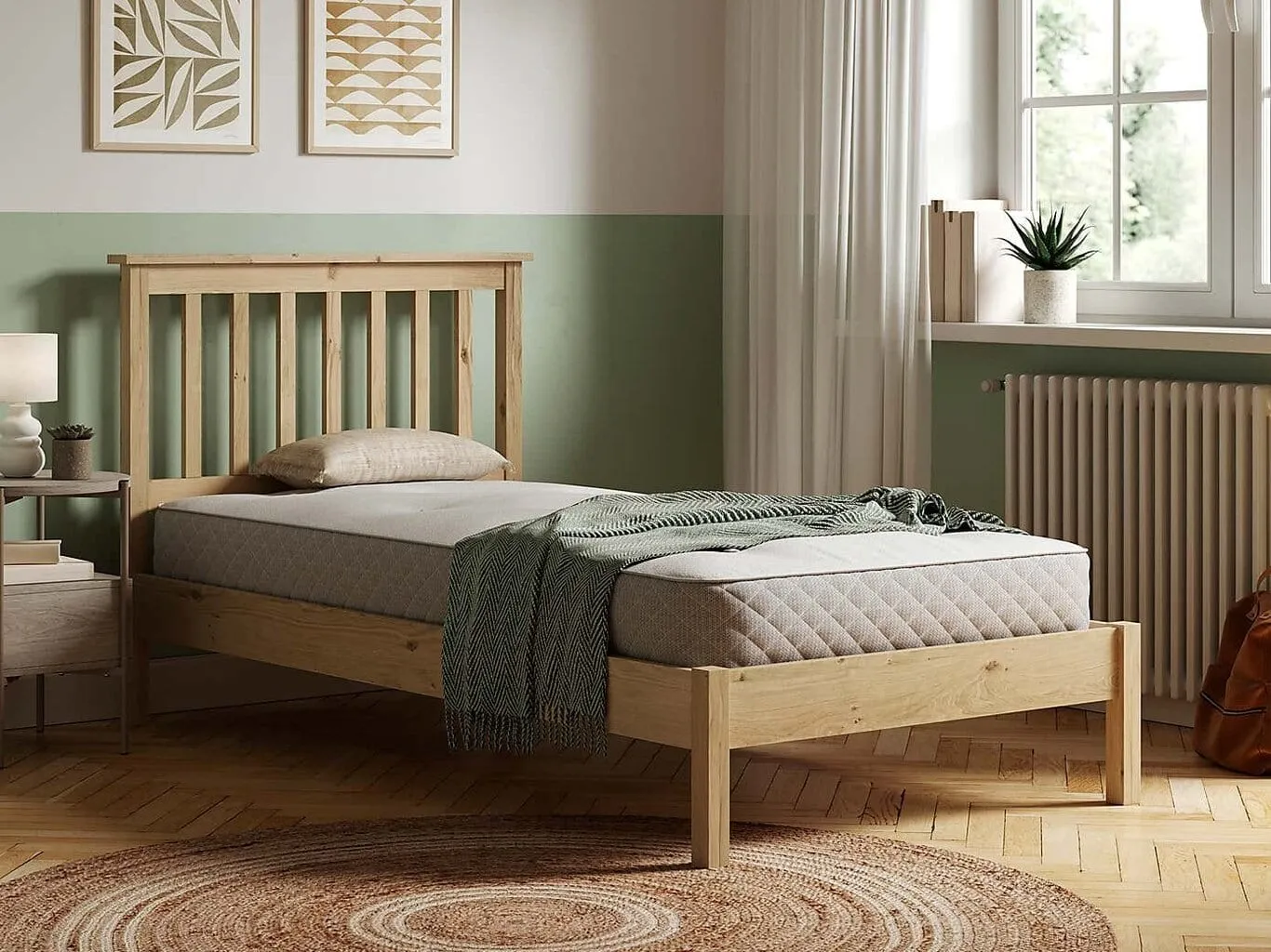 Pine single bed with slatted headboard
