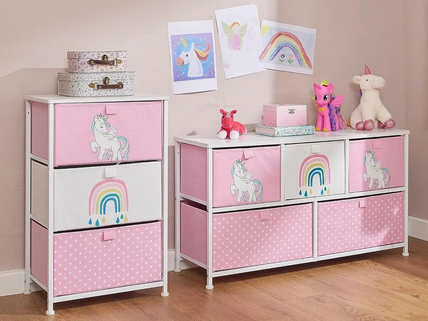 Pink and white unicorn themed drawer chests
