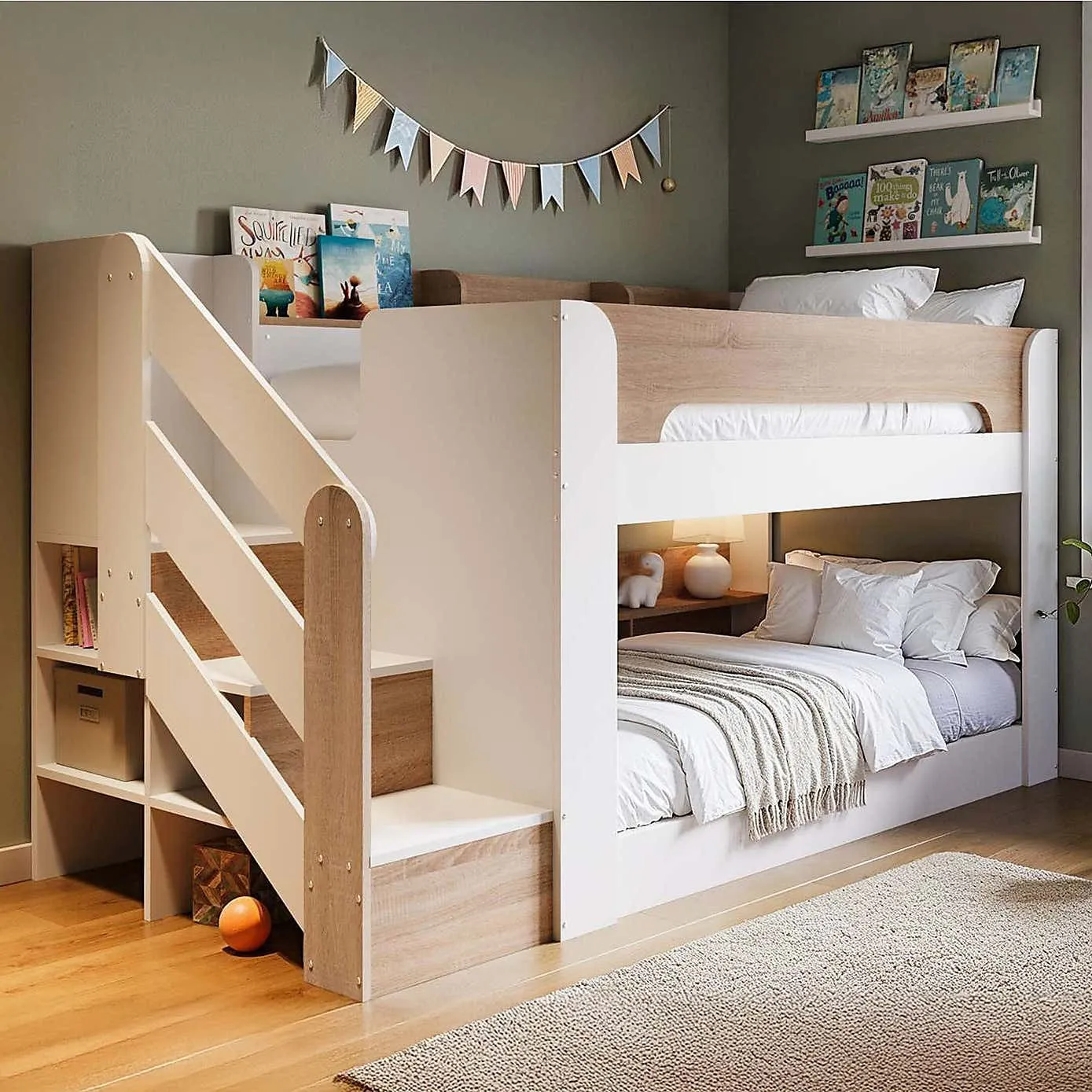 Bunk bed with side ladder and oak trim