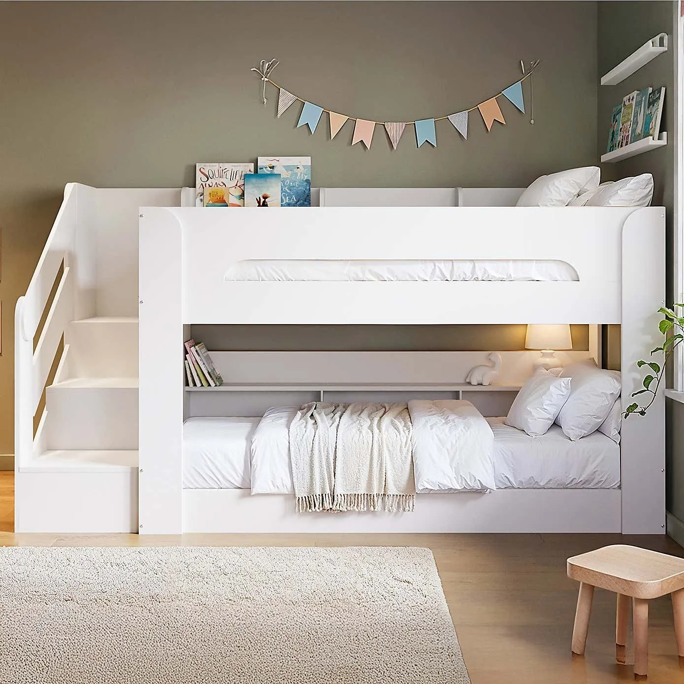 White bunk bed with side ladder