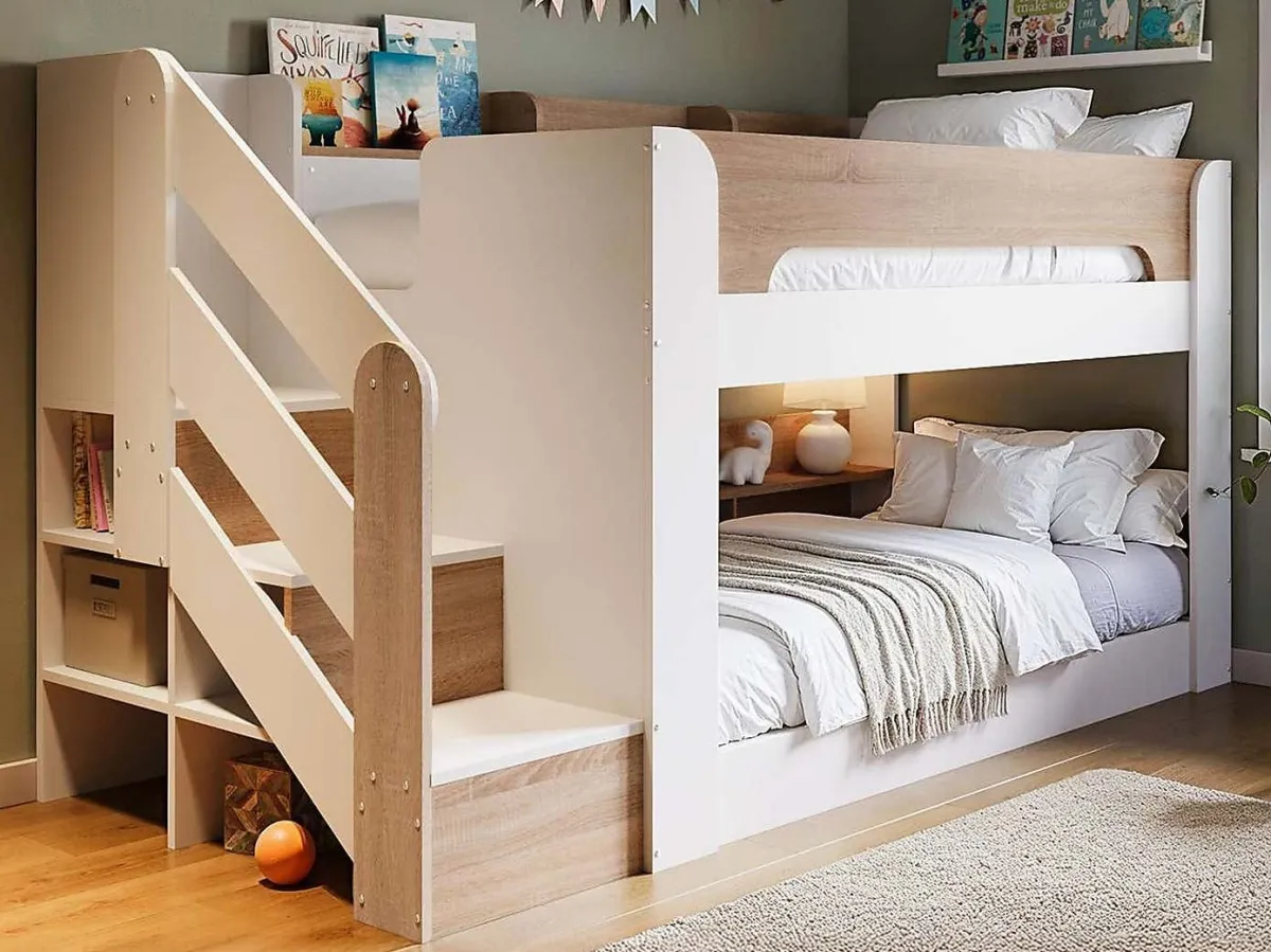 White and oak bunk bed with side ladder
